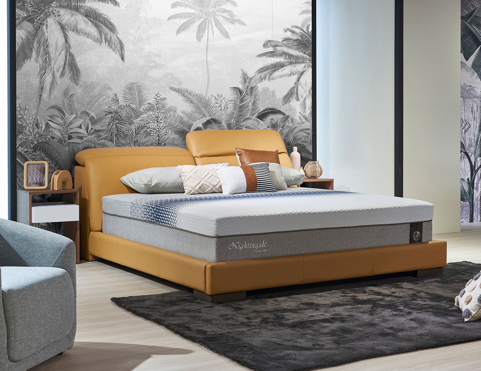 Upholstered bed frame highlighting the headboard design