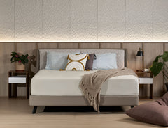 Slanted bed frame paired with mattress in a bedroom setting
