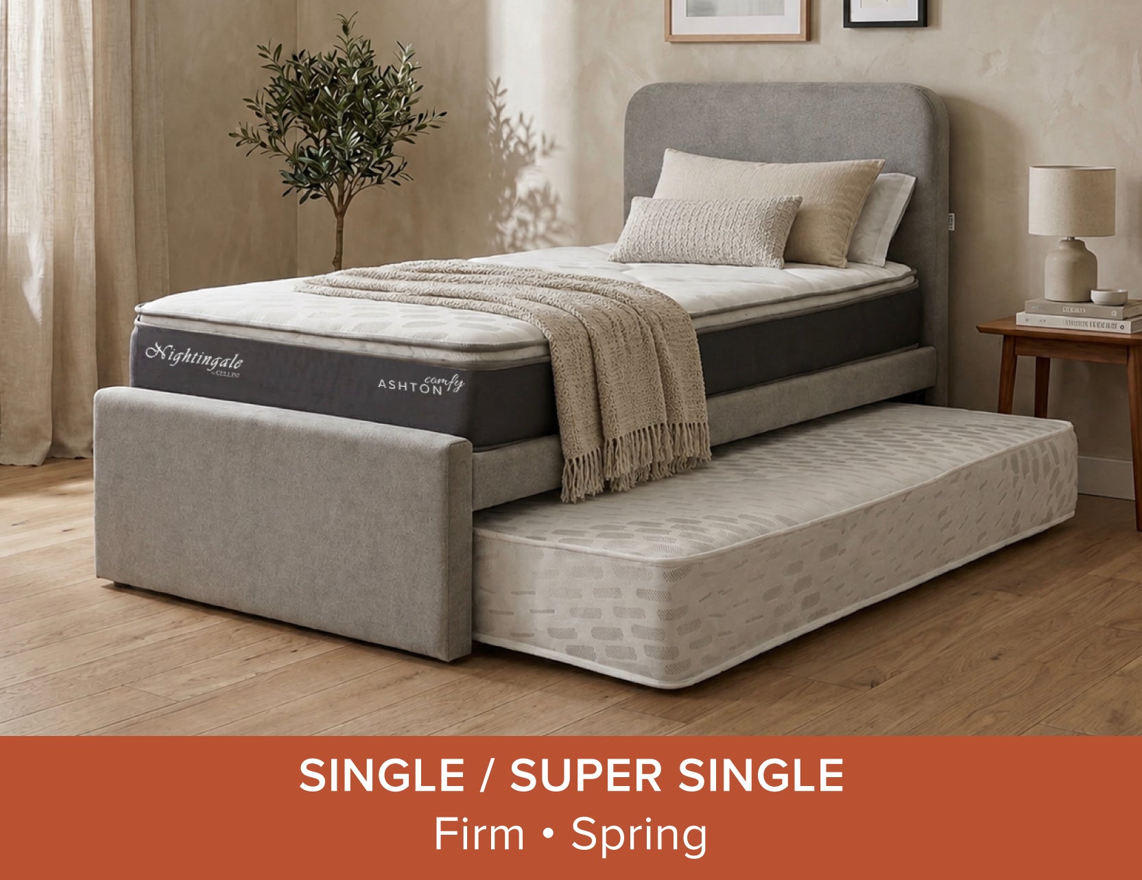 Holly Bedframe with Ashton Comfy Mattress upholstered in gray fabric with Pull-Out Mattress