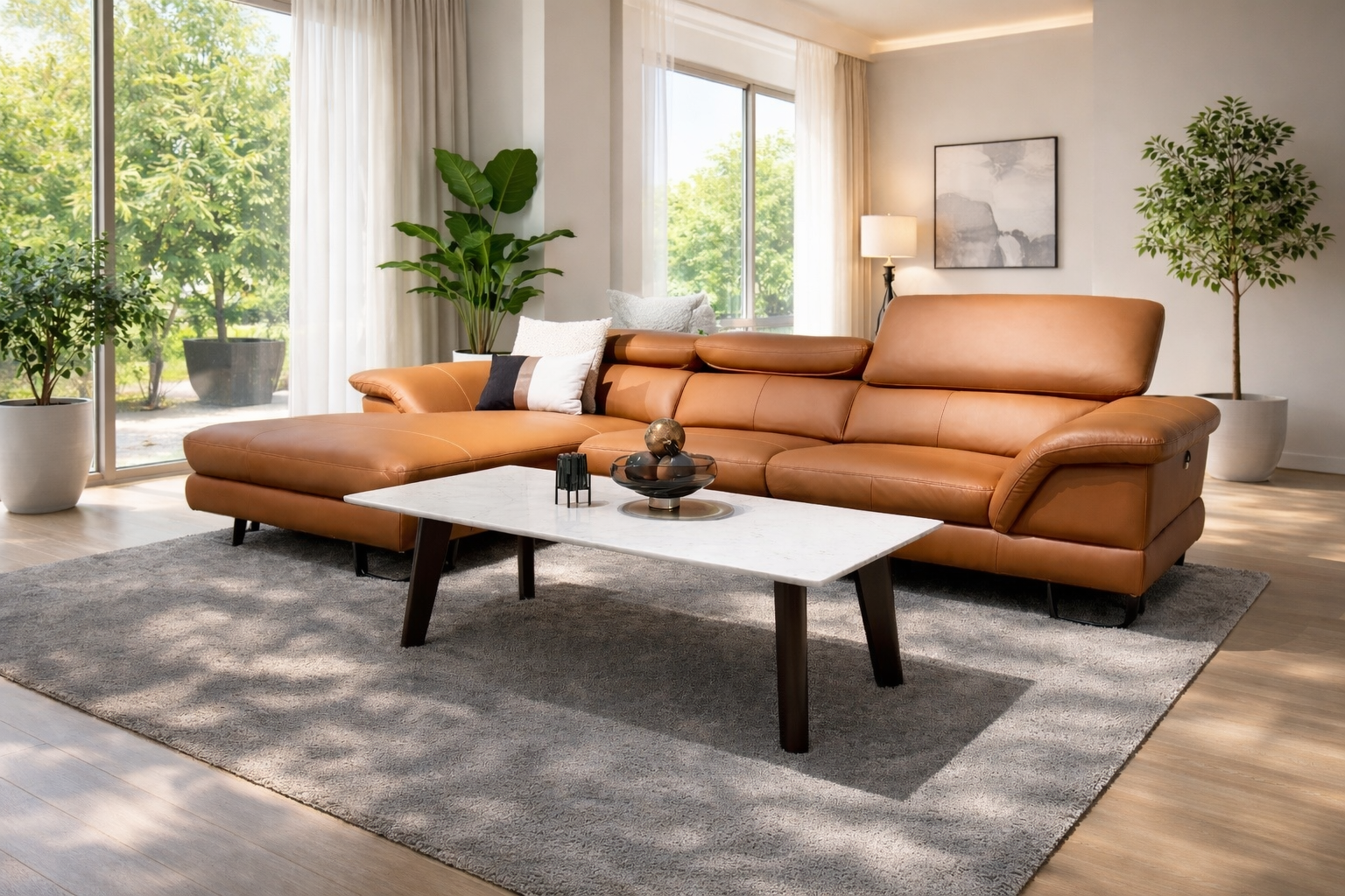 Leather L shape sofa with marble coffee table in bright contemporary interior