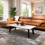 Leather L shape sofa with marble coffee table in bright contemporary interior