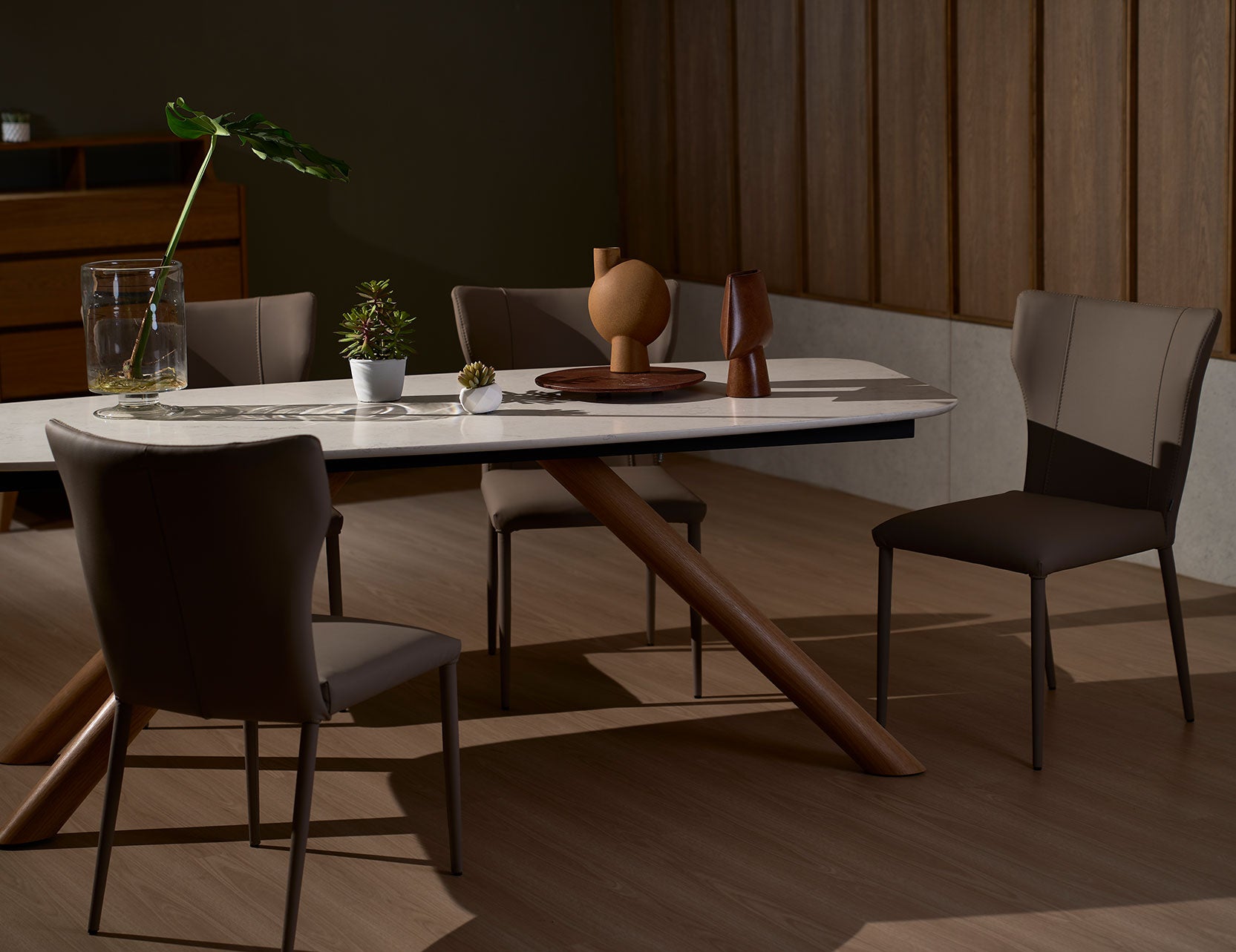 Branca foil dining table styled with dining chairs