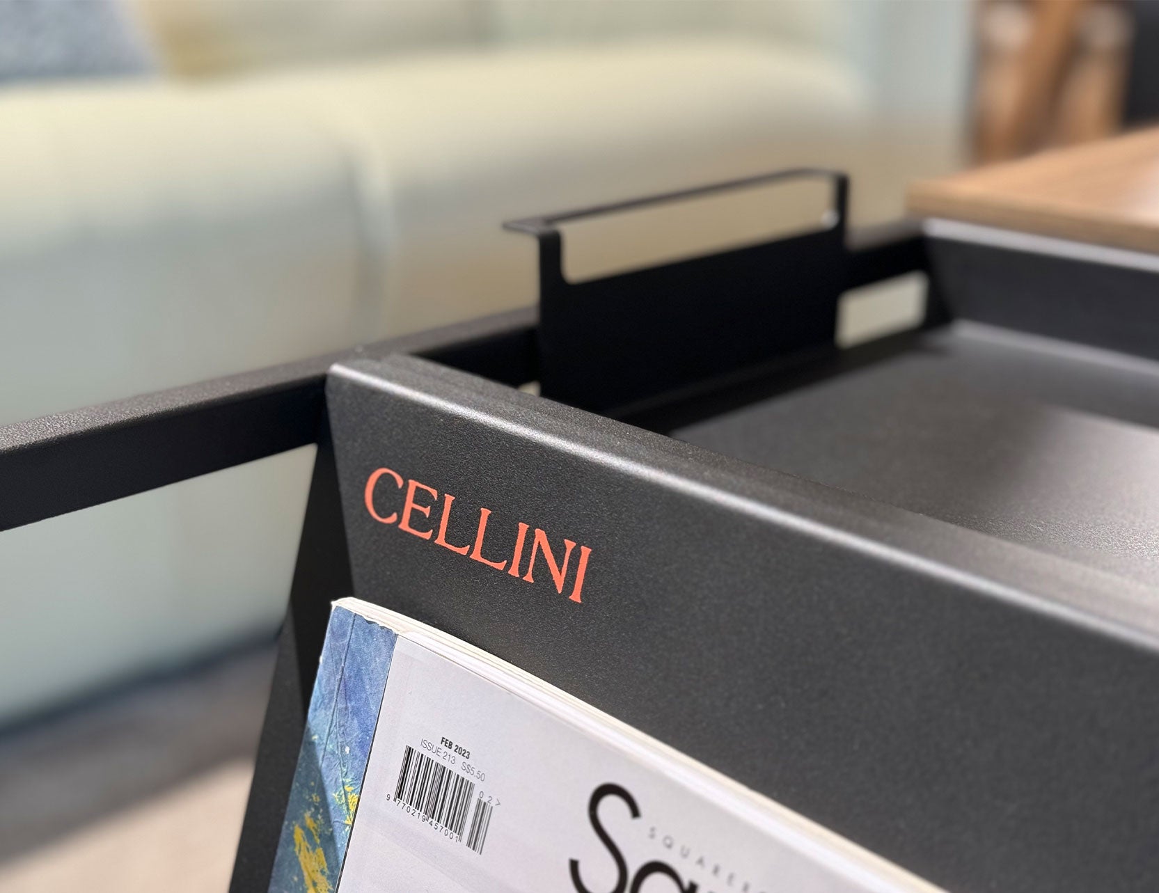 Nero coffee table close up showing branding detail