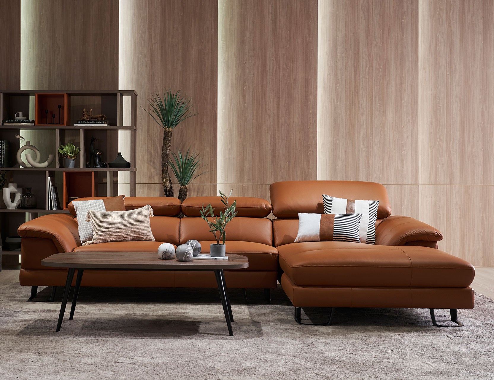 Korus leather sofa styled with complementary furniture