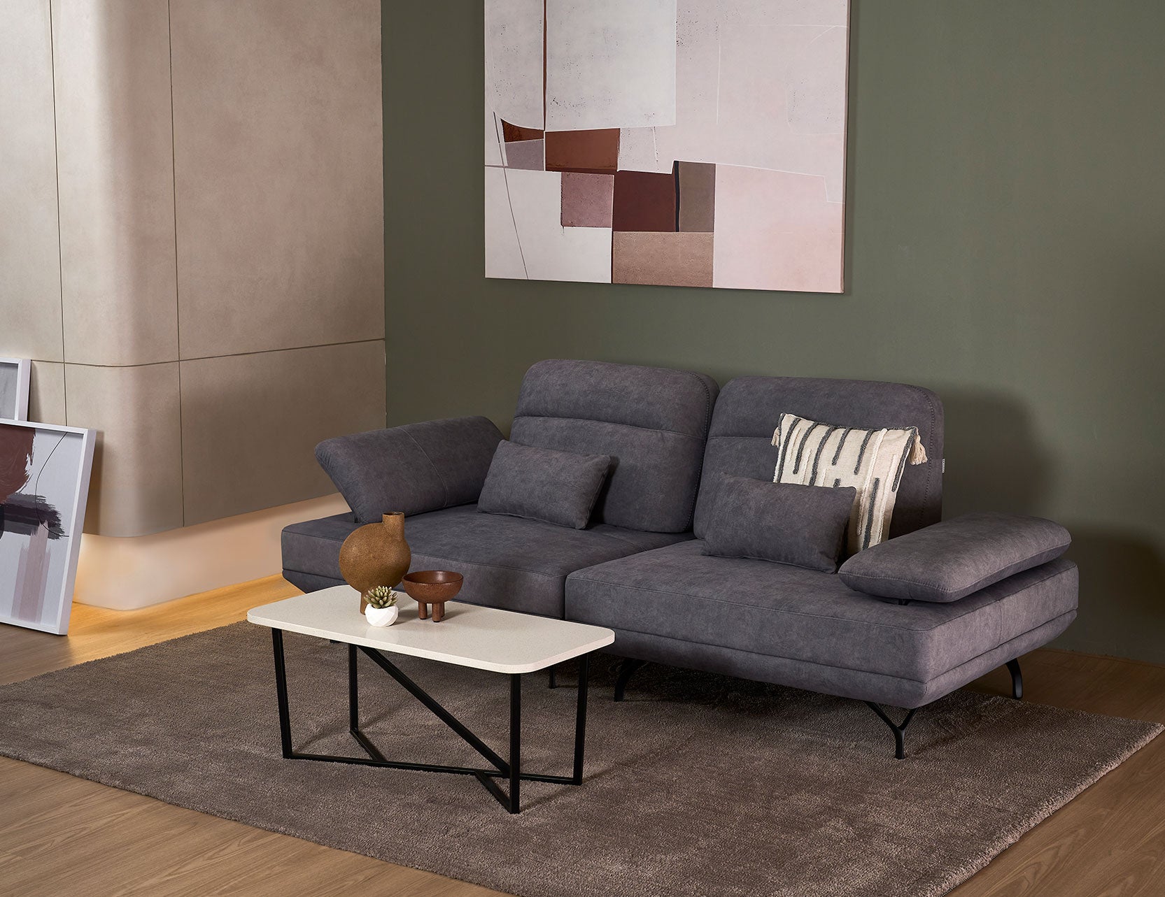 Truso fabric three seater sofa with clean modern lines
