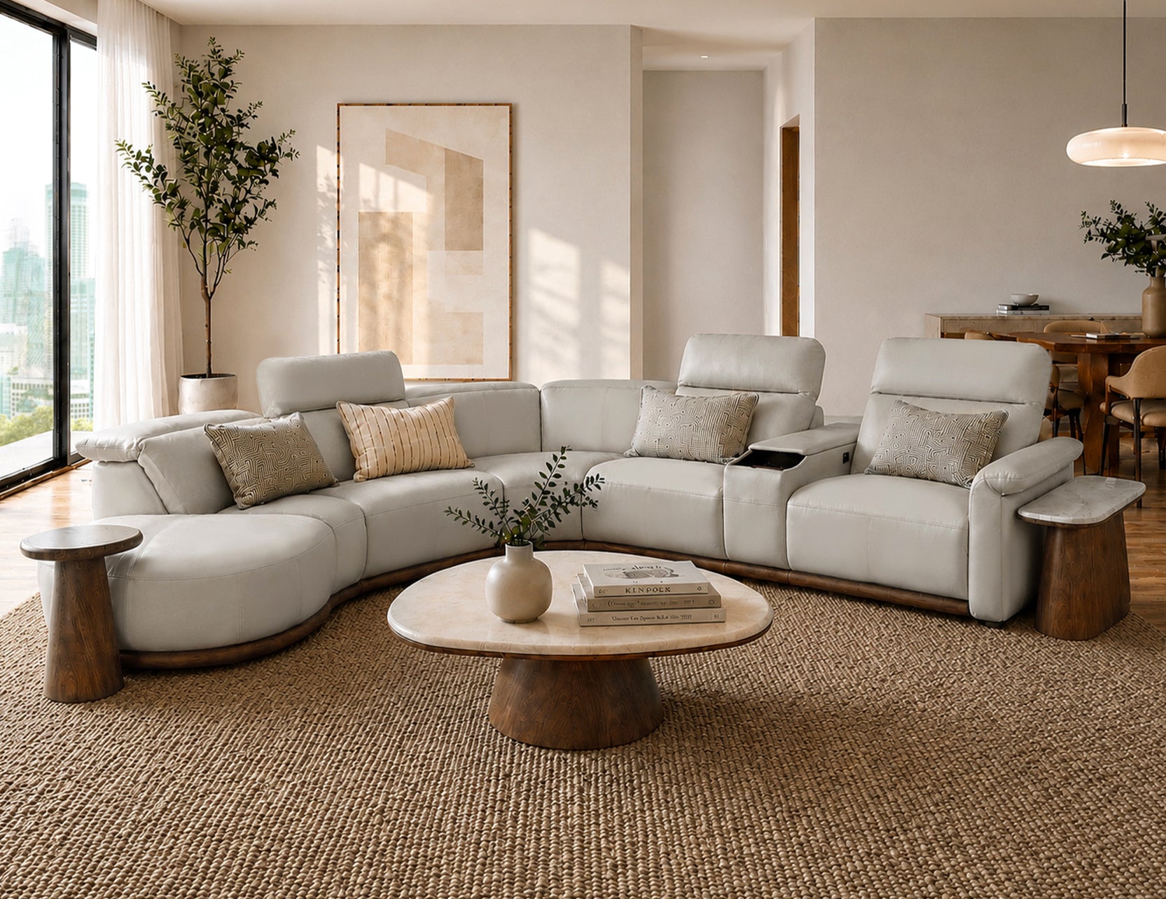 Cellini cream leather sectional sofa with power recliner and curved chaise in a modern Scandinavian living room