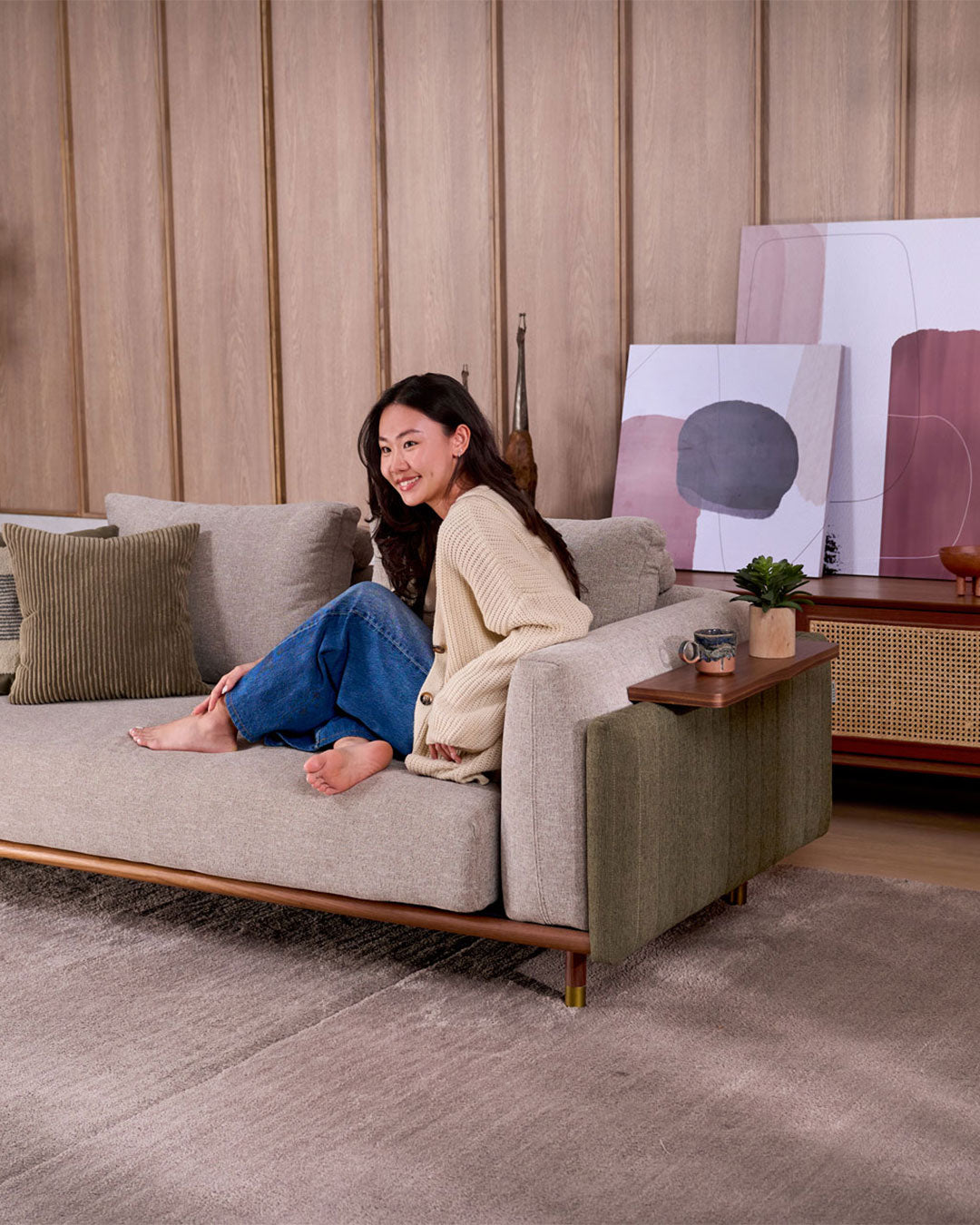 Celadon fabric seater sofa with a soft contemporary profile