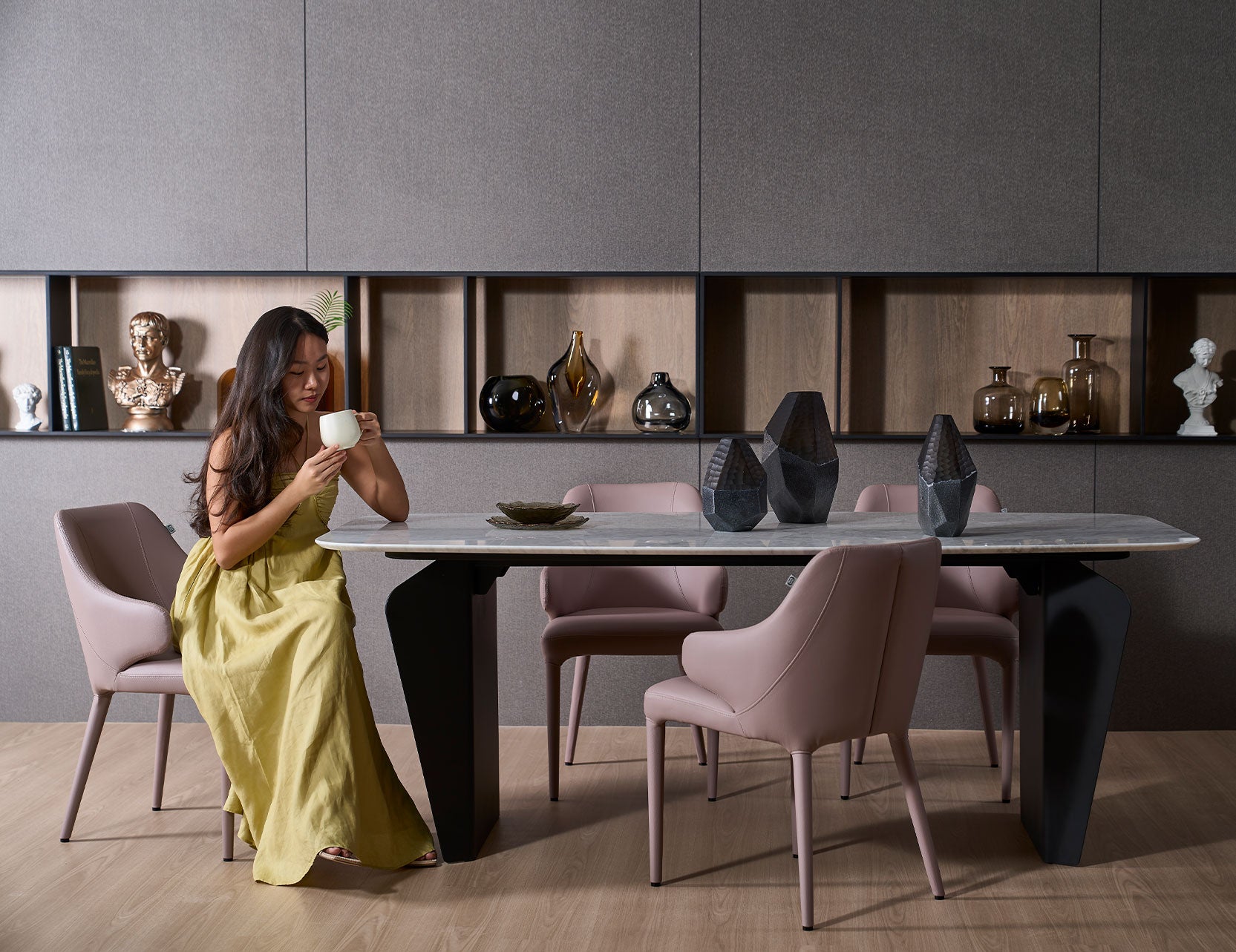 Fold dining table shown in use with seating arrangement