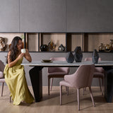 Fold dining table shown in use with seating arrangement