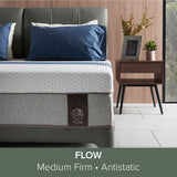 Flow mattress branding displayed on bed setup