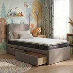Holly Bedframe with Ashton Comfy Mattress upholstered in gray fabric with Pull-Out Dual Drawer Storage