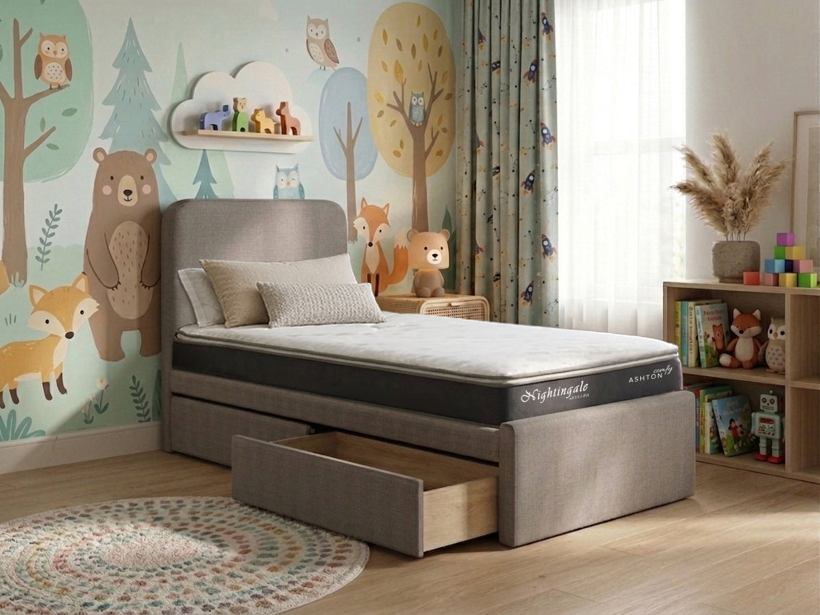 Holly Bedframe with Ashton Comfy Mattress upholstered in gray fabric with Pull-Out Dual Drawer Storage