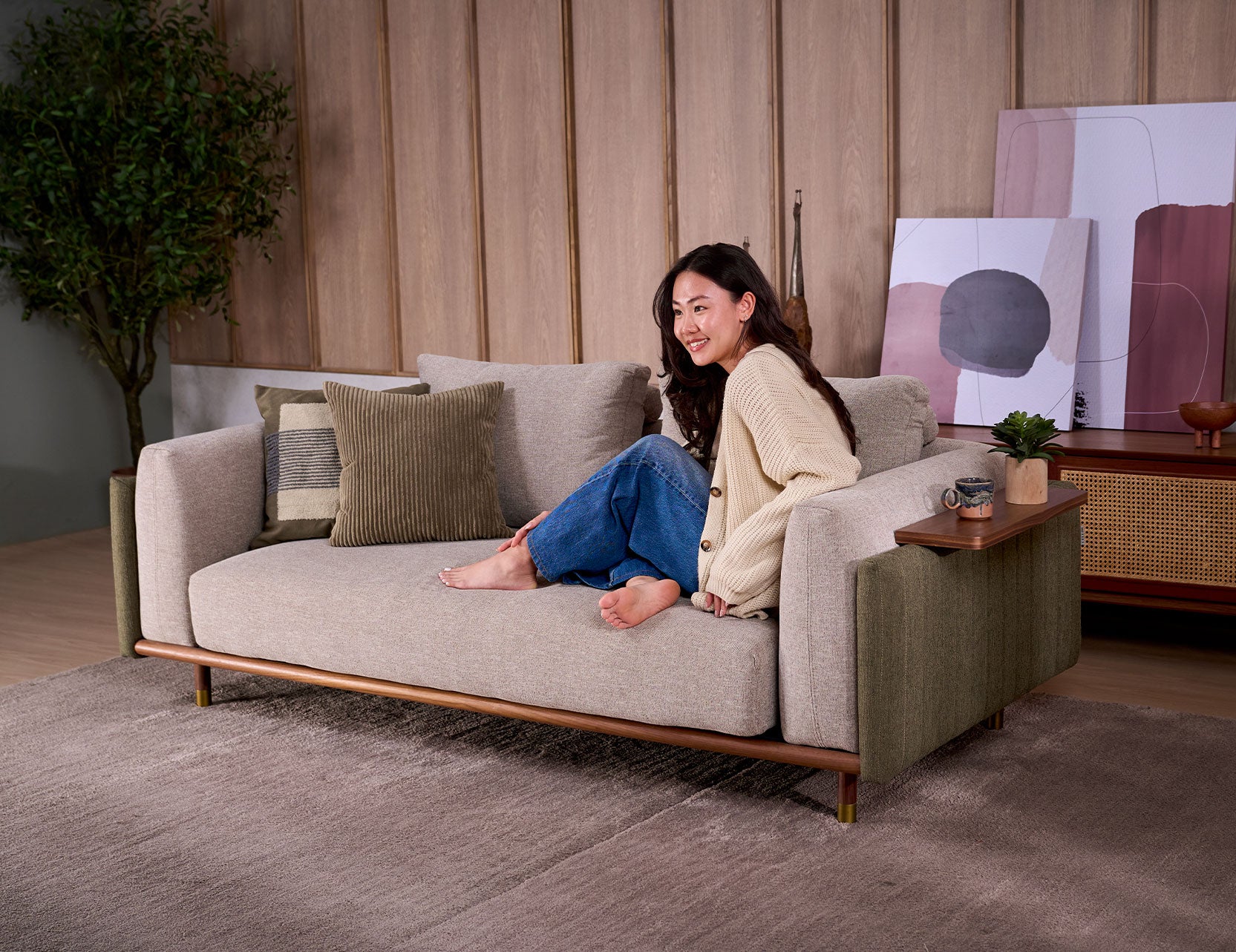 Celadon fabric seater sofa with a soft upholstered finish