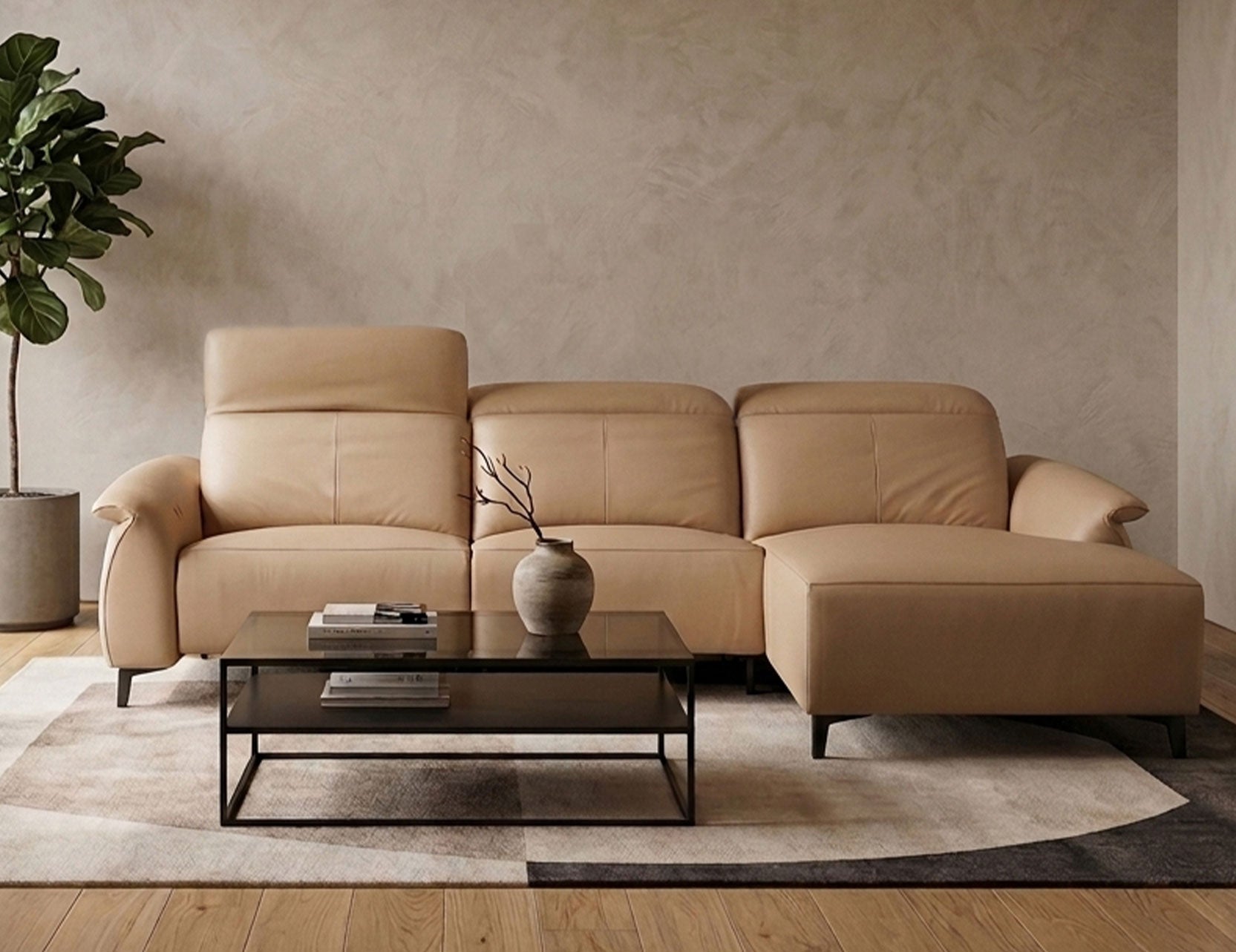 FELIX Leather Motorised Modular Sofa in leather, featuring adjustable headrests and a right-facing chaise, styled in a modern living room setting.