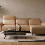 FELIX Leather Motorised Modular Sofa in leather, featuring adjustable headrests and a right-facing chaise, styled in a modern living room setting.