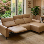 FELIX Leather Motorised Modular Sofa from top left down view in leather, featuring adjustable headrests and a right-facing chaise, styled in a modern living room setting.


