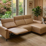 FELIX Leather Motorised Modular Sofa from top left down view in leather, featuring adjustable headrests and a right-facing chaise, styled in a modern living room setting.

